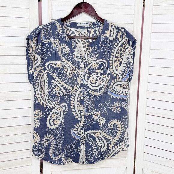Van Heusen Paisley Cap Sleeve Button Front Shirt Blouse Blue XS - Picture 7 of 11